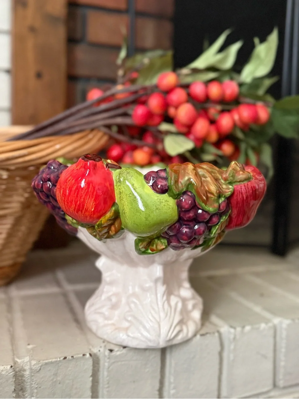 Hand-Painted Ceramic Fruit Compote - Red, Green, Purple Accents